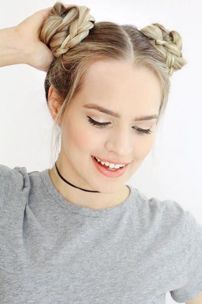 Cute 2 Bun Hairstyles, Easy Space Buns For Medium Hair, Cut Bun Hairstyles, Two High Buns, Dutch Braid Bun, Braided Space Buns, Easy Updos For Medium Hair, Side Updo, Pretty Headbands