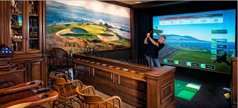 Man Cave Ideas Cheap, Golf Man Cave, Best Man Caves, Boat Bar, Golf Simulator Room, Golf Room, Man Garage, Music Studios, Golf Simulator