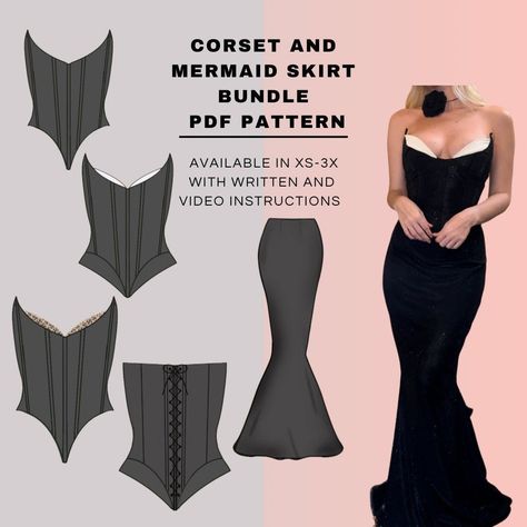 Women's Formal Dress Sewing Pattern PDF - Corset and Mermaid Skirt - XS-3XL Mermaid Skirt Pattern, Corset Sewing Pattern, Gemini Rising, Beginner Sewing Patterns, Clothes Making, Sewing Projects Clothes, Corset Pattern, Diy Clothes Design, Diy Vetement