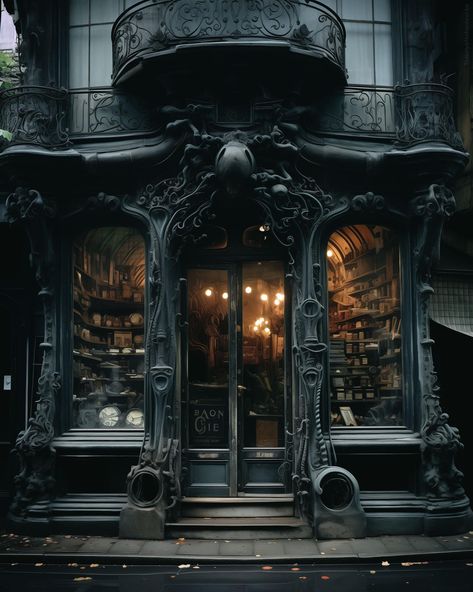 Gothic Bookstore Aesthetic, Gothic Bakery Interior, Gentlemans Club Aesthetic, Gothic Cafe, Gothic Bakery, Victorian Cafe, Vampire Cafe, Gothic Store, Goth Shop