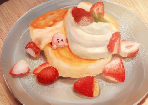 Kirby Food, Kirby Cafe, Eating Pictures, Kirby Art, Food Illustration Art, Picture Shelves, Cafe Art, Weird Food, Art Contest