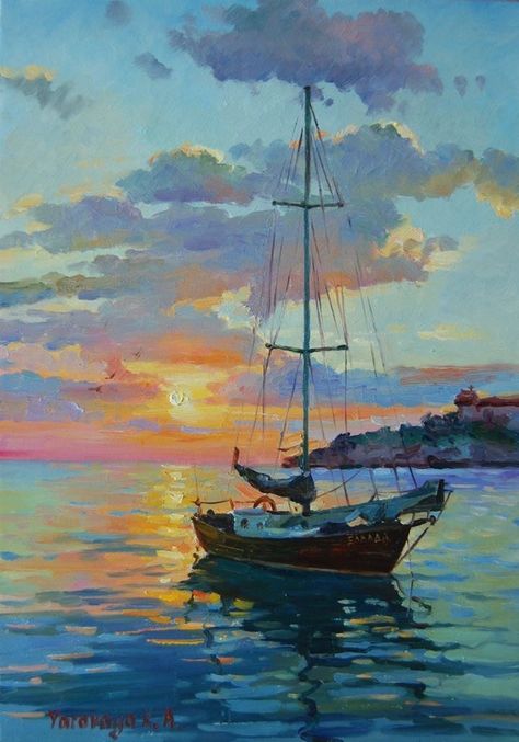 Port Painting Ideas, Lake With Boat Painting, Beach Scape Painting, Sea Boat Painting, Sail Boat Art, Sail Boat Painting, Ocean Art Painting, Watercolor Boat, Canvas Painting For Beginners