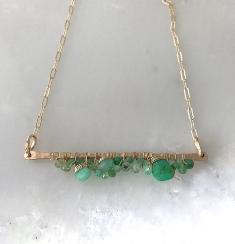 "A hand forged bar is set with intricately woven gemstones in your choice of 14k gold fill or sterling silver. the bar is about 1 1/2\" long, set on a 14\" chain." Bar Necklace Ideas, Crystal Jewelry Ideas, Bead Bar Necklace, Wire Wrap Jewelry Designs, Cluster Necklace, Diy Pendant, Bar Necklace, Beaded Pendant, Jewelry Projects