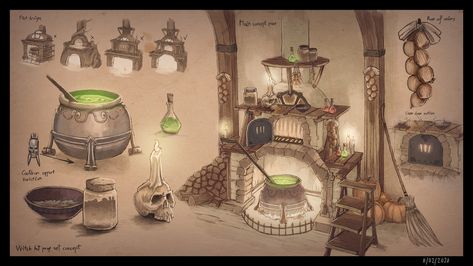 Interior Witch House, Witch House Interior Drawing, Witch Shop Art, Witch Hut Concept Art, Witches Hut Interior, Witch Props Concept Art, Witch Room Drawing, Witch Hut Interior, Witch House Design