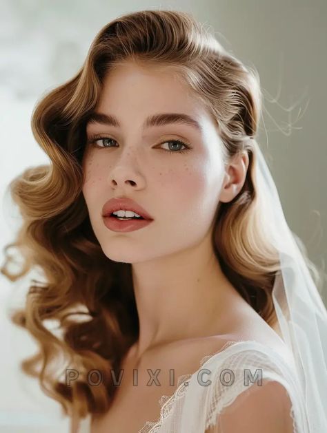 36 Wedding Hairstyles for Long Hair 2024: Elegant and Curly Updos Braids for Brides and Bridesmaids Wedding Old Hollywood Hair, 1920s Wavy Hair, 1940s Half Up Half Down Hair, Long Hair Retro Hairstyles, Wedding Hairstyles Vintage Romantic, Bridal Hair All Down Curls, Art Deco Wedding Hairstyles, Bridal Vintage Waves, Bridal Hairstyles Hollywood Waves