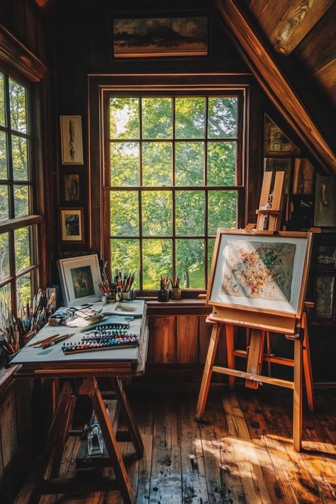 Tiny Art Studio. North light window illuminating a stained cedar easel in the corner.

Set your canvas aside for a moment, we've gathered 58 awe-inspiring artist studios from around the world that are bound to light your creative fuse. These art dens not only house the muses of your favorite painters, sculptors, and digital artists, but also reflect their unique personalities and artistic styles.…

Read more: https://tastyinteriors.com/generated-post-58-artist-studio-inspirations/ Bay Window Art Studio, Art Studio Wall Color, Tiny Home Art Studio, Art Studio Sign, Art Studio Aesthetic Vintage, Living Room Art Studio, Art Studio Illustration, Vision Board Artist, Artist Bedroom Ideas