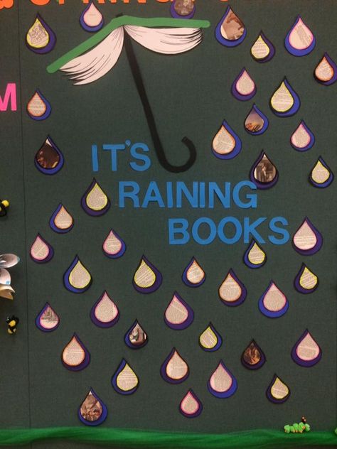 Spring library display 2017, Spring Forecast, center, It's Raining Books Public Library Decorating Ideas, Spring Library, Spring Library Display Ideas, June Library Display Ideas, Spring Book Display, Spring Library Programs, April Library Bulletin Board Ideas, April Showers Read For Hours Bulletin Board, March Library Displays