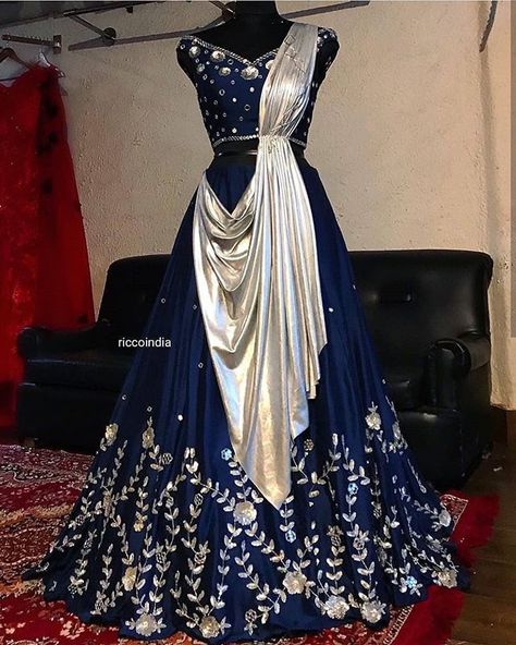 Midnight Blue Lehenga, Blue And Silver Lehenga, Dresses From Old Sarees, Silver Lehenga, Draped Lehenga, Sky Midnight, Beautiful Indian Wedding, Desi Clothing, Silver Outfits