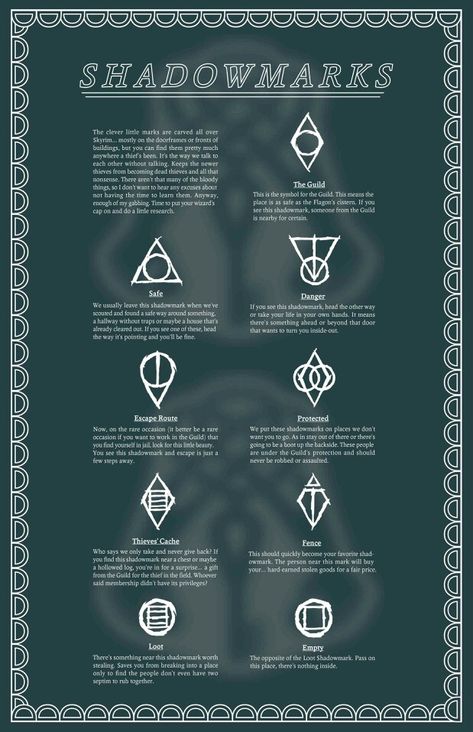 An awesome display of the Shadowmarks from Skyrim. Thieves Cant, Skyrim Secrets, Dragon Skyrim, Skyrim Tips And Tricks, Skyrim Tips, Hobo Signs, Skyrim Tattoo, Skyrim Game, Scrolls Game