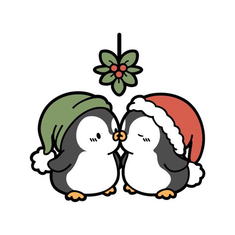 Cute Christmas Couple Drawings, Mistletoe Kiss Drawing, Cute Christmas Penguin Drawing, Christmas Couple Art, Cute Penguin Art, Mistletoe Drawing, Kiss Under The Mistletoe, Cute Penguin Cartoon, Two Penguins