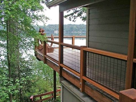 Balustrade Ideas, Wire Deck Railing, Wood Deck Railing, Outdoor Stair Railing, Cabin Deck, Deck Railing Ideas, Deck Railing Design, Railing Ideas, Porch Railing