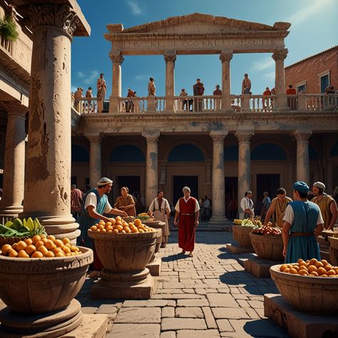 Step back in time with this highly detailed and historically accurate scene of an ancient Roman marketplace. Witness people in traditional Roman attire trading goods amidst bustling stalls selling fruits, spices, and pottery. The backdrop features iconic Roman columns and statues, all under a clear blue sky. This realistic artwork beautifully captures the essence of ancient Rome, making it a perfect addition for history enthusiasts and art lovers alike. 🏛️🍇🗿✨ Roman Attire, Rome Market, Ancient Rome Aesthetic, Ancient Roman Houses, Rome Aesthetic, Roman House, Roman City, Roman Columns, Rustic Bathroom Designs