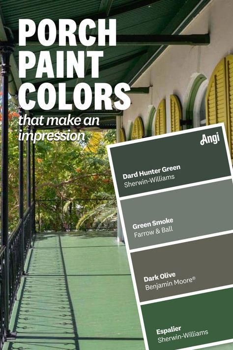 Porch paint colors with a paint swatch of four colors and a porch in blue Green Porch Paint, Front Porch Colors Scheme, Wood Front Porch Paint Ideas, Green Deck Paint, Porch Colors Scheme, Front Porch Floor Colors, Front Porch Paint Colors, Porch Painting Ideas, Front Porch Color Scheme