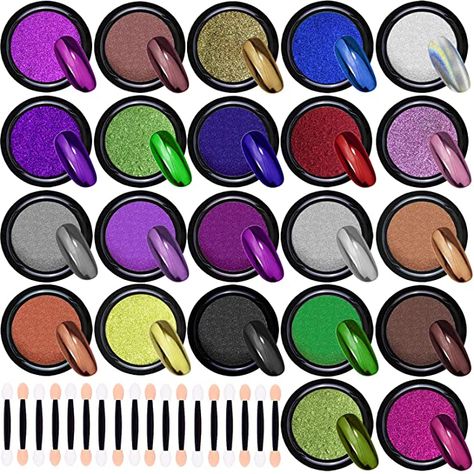 Amazon.com : Duufin 22 Colors Nail Powder Metallic Chrome Nail Powders Mirror Effect Nails Manicure Pigment Nail Art Powder with 22 Pcs Eyeshadow Sticks, 1g/Jar… : Beauty Nail Color Options, Nail Art Paillette, Nail Art Chrome, Mirror Nails Powder, Gold Chrome Nails, Unghie Nail Art, Rose Gold Chrome, Metallic Powder, Chrome Nail Powder