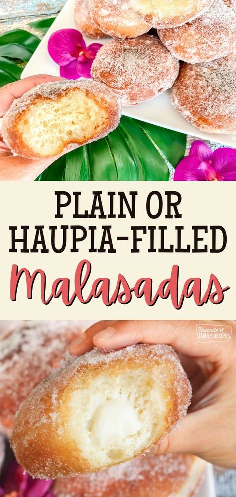 Learn how to make these Plain or Haupia-Filled Malasadas. Malasadas are basically Hawaii’s version of a yeast doughnut. They don’t have a hole and more often than not, they are served plain with no filling. Instead of being glazed, they are dusted with sugar. It’s like eating a puffy, fried, sugary cloud. Malasadas Recipe Hawaii, Haupia Recipe, Malasadas Recipe, Hawaii Desserts, Hawaiian Dessert Recipes, Hawaiian Desserts, Hawaiian Dishes, Hawaii Food, Hawaiian Food