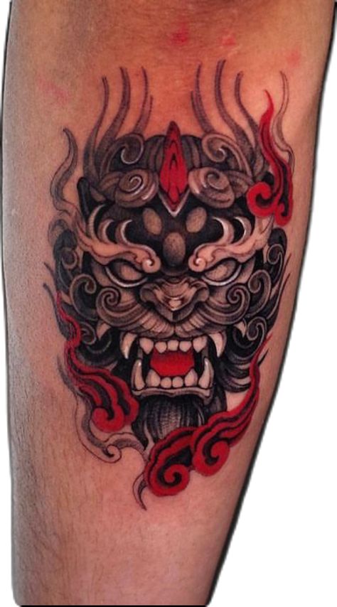 Foo dog tattoo by Hoch_tattoo at No Regrets Tattoo studio London. 📩 london@nrstudios.co.uk 📍 48-50 Well St, Hackney, London, E9 7PX 📲 020 7175 5898 🔗 www.nrstudios.co.uk #nrstudios #foodog #foodogart #foodogtattoo #japanesefudogtattoodesign #foodogtattoodesign #japanesetattoo #japanesetattooart #tattoosjapanesestyle Pho Dog Tattoo, Foo Dog Tattoo Design Sleeve, Foodog Tattoo Japanese, Perro Fu Tattoo, Year Of The Dog Tattoo, Japanese Foo Dog Tattoo Design, Foo Dog Hand Tattoo, Japanese Dog Tattoo, Fu Dog Tattoo Design