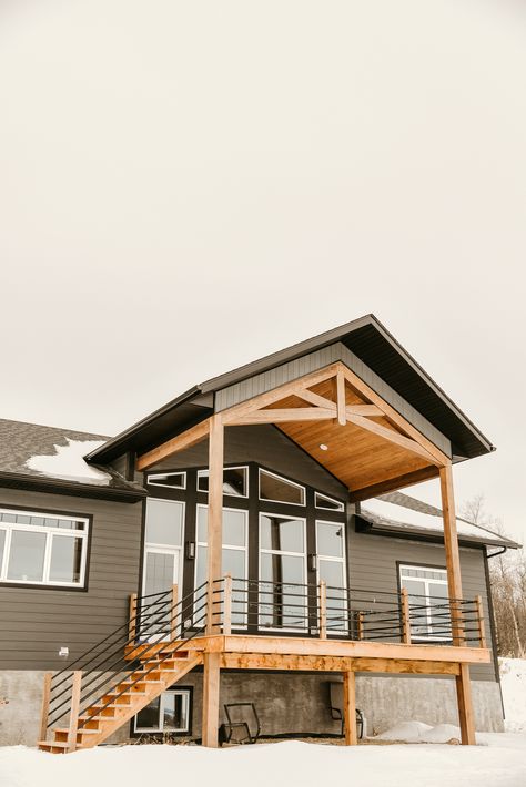 Timber Frame Porch Railing, A Frame Outdoor Patio, Timber Frame Deck Roof, A Frame Farmhouse Exterior, A Frame Porch Ideas, A Frame Front Porch Ideas, Timber Frame Deck, Timber Frame Entrance, A Frame Deck Ideas