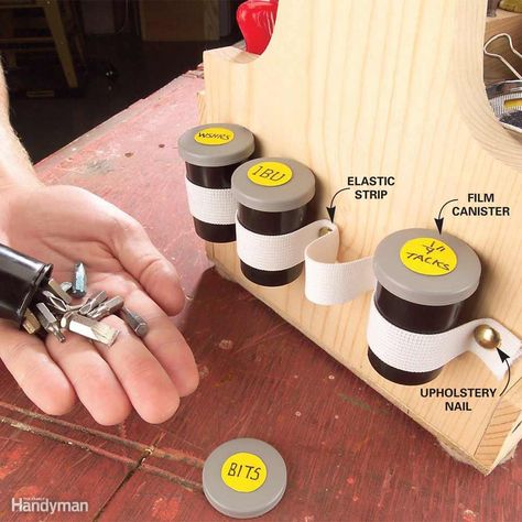 Mini Hardware Holders Building Garage Ideas, Hardware Organization, Pantry Desk, Homeowner Hacks, Foam Pipe Insulation, Shop Hacks, Wood Magnets, Film Canister, Garage Organization Tips