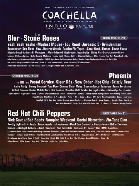 Coachella Coachella Poster, Coachella Camping, Coachella Lineup, Four Tet, Band Of Horses, Passion Pit, Dillon Francis, Of Monsters And Men, Modest Mouse