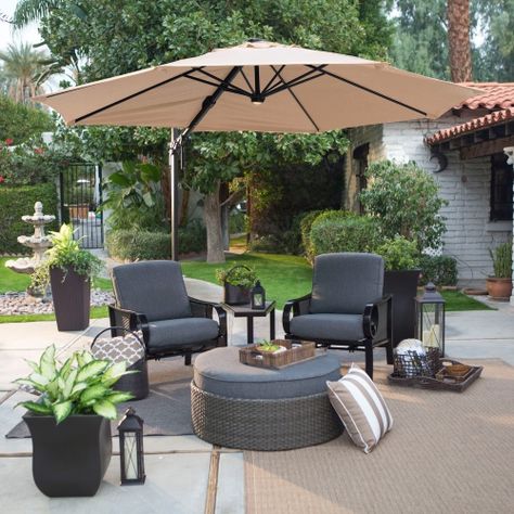 Coral Coast 11 ft. Aluminum Lighted Offset Umbrella & Base - 360 Rotation with Horizontal Tilt - Patio Umbrellas at Hayneedle Patio Umbrella Ideas, Iron Pergola, Patio Umbrella Lights, Best Patio Umbrella, Iron Patio Furniture, Pergola Pictures, Wrought Iron Patio Furniture, Offset Patio Umbrella, Pergola Swing