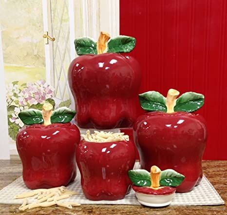 ACK Apple Shaped Red Ceramic Canister Amazon Kitchen Decor, Apple Kitchen, Apple Kitchen Decor, Red Kitchen Decor, Ceramic Canisters, Airtight Storage, Wood Details, Apple Decorations, Sugar Canister