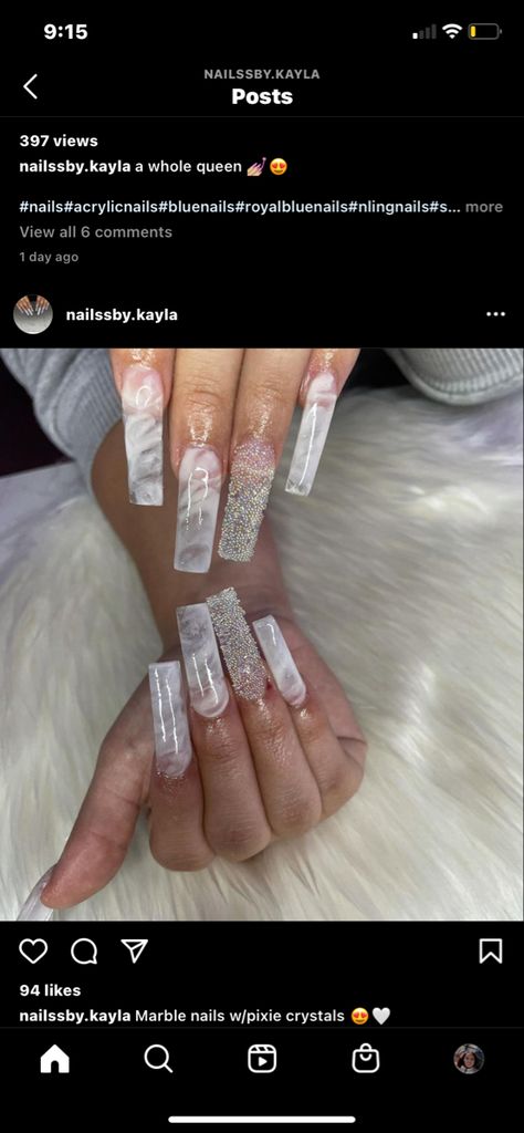 Pixie Crystal Nails, Long Square Acrylic Nails, Crystal Nails, Marble Nails, Square Acrylic Nails, Acrylic Nails, Crystals, Square, Nails