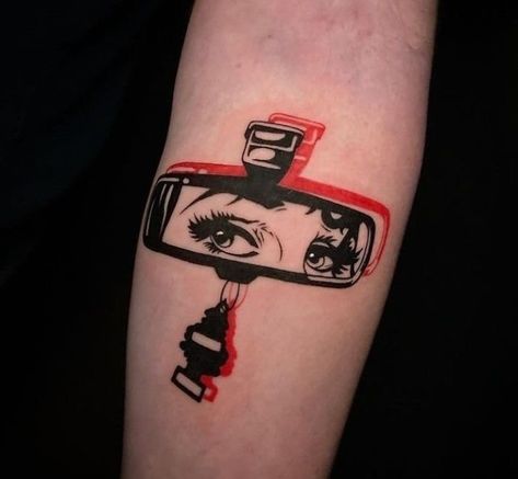 Rear View Mirror Tattoo, Black Red Tattoo, Mirror Tattoo, 777 Tattoo, Mirror Tattoos, Pop Art Tattoos, Card Tattoo Designs, Beginner Tattoos, Tattoo Culture