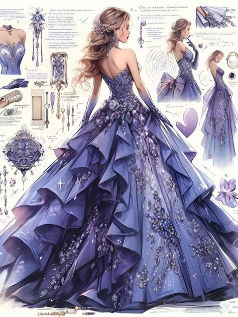 Purple Princess Dress, Purple Princess, Dreamy Gowns, Dress Design Drawing, Old Fashion Dresses, Fantasy Dresses, Fashion Drawing Dresses, Dress Design Sketches, Fashion Illustration Dresses