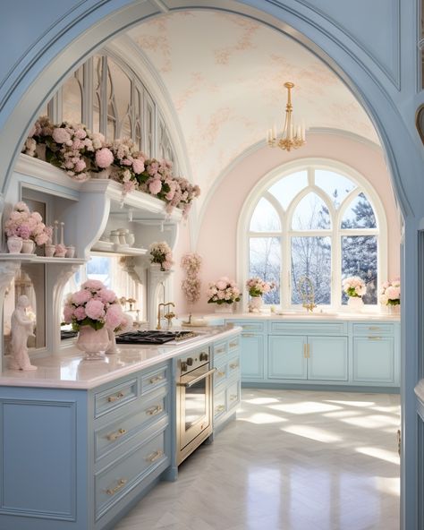 House Interior Victorian, Coquette Kitchen, Pink And Blue Aesthetic, Princess Kitchen, Celebrity Kitchens, Romantic Kitchen, Chateaux Interiors, Chic Bedrooms, Unique Kitchen Design