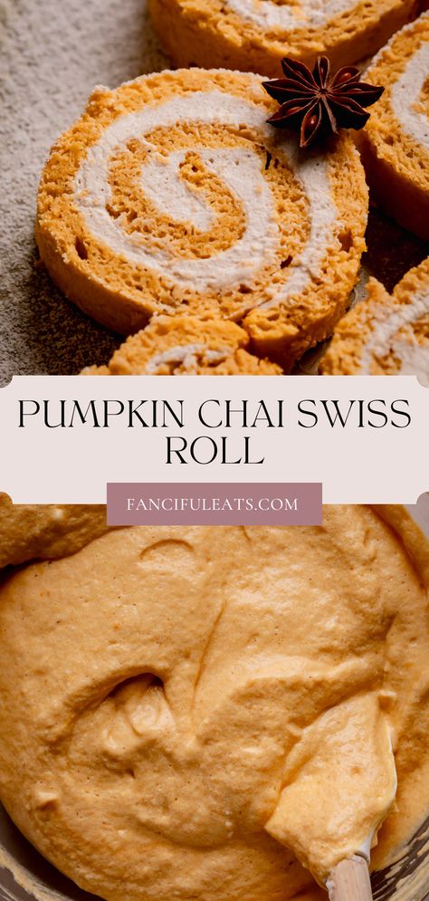 Pumpkin Chai Swiss Roll Cake. Pumpkin Roll Whipped Cream Filling, Pumpkin Roll Decorated, Pumpkin Chai Dessert, Cinnamon Rolls With Pumpkin Filling, Fall Roll Cake, Pumpkin Chai Cake, Pumpkin Roll Cake Recipe, Fall Cake Roll, Pumpkin Swiss Roll