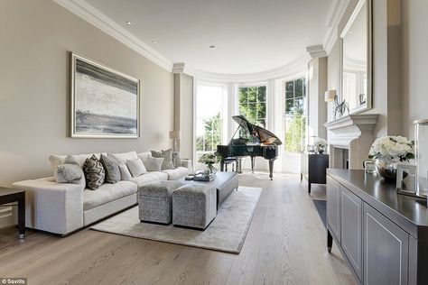 A sitting room boasts large bay windows and a grand piano. At the end of 2015 the transformation of the townhouse into a luxury five-bedroom mansion was complete Grand Piano Living Room, Grand Piano Room, Piano Living Rooms, Windsor Homes, Georgian House, Park Street, Bay Windows, Luxury Bedroom Design, Piano Room