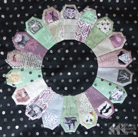 Halloween Quilt Along: “Ring of Coffins” by Flying Parrot Quilts.  Pattern by Jessee Maloney of Art School Dropout, Flying Parrot, Halloween Quilt Patterns, Dresden Plate Quilts, Halloween Quilt, Halloween Sewing, English Paper Piecing Quilts, Block Quilt, School Dropout, Holiday Quilts