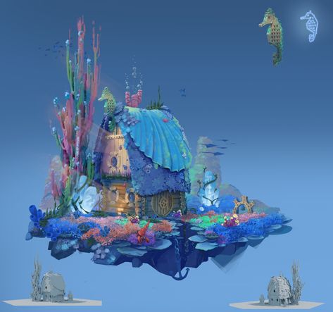 ArtStation - Underwater House , Alexandr Iwaac Concept Art Underwater, Art Underwater, Underwater House, Fish Restaurant, Shell House, Underwater Painting, Underwater City, Fantasy Rooms, Underwater Art