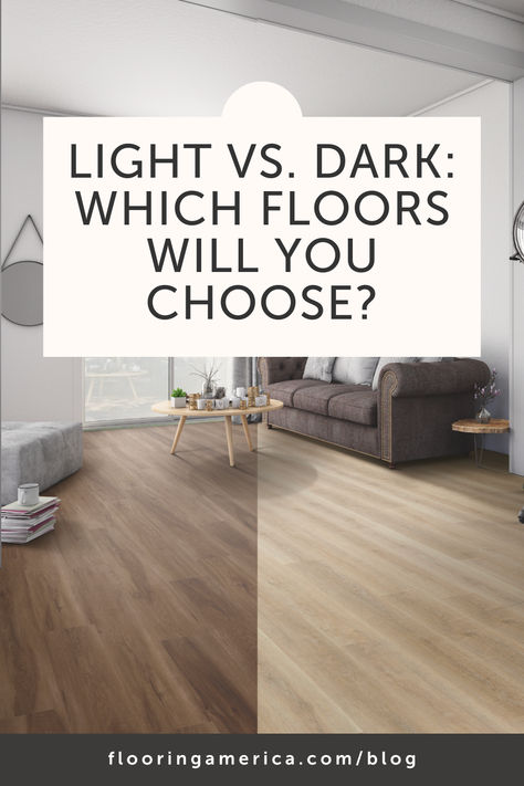 When shopping for new floors, one of the first things to consider is whether you prefer light or dark wood. The debate between dark and light floors has been around for a while, and that’s where our flooring professionals come in. They have the expertise to help you navigate all the important factors as you choose the perfect floor shade for your home. At Flooring America, we understand how meaningful these decisions are, so turn to your local showrooms to weigh the pros and cons. Natural Wood Flooring Ideas, Wood Floor Shades, Light Flooring Dark Trim, Light Vs Dark Vinyl Flooring, Light Vs Dark Flooring, Light Vs Dark Hardwood Floors, Light Or Dark Wood Floors, Timeless Flooring Colors, Dark Wood Floors Aesthetic