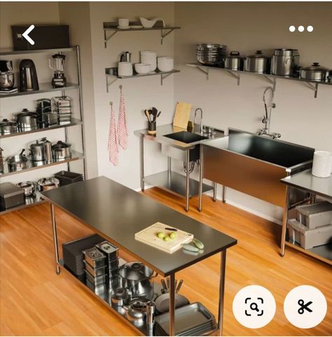 Small Kitchen Bakery, Small Commercial Kitchen Design For Home, Commercial Kitchen At Home, Home Bakery Kitchen Small Spaces, Small Home Bakery Kitchen Design, Catering Kitchen In Home, Restaurant Style Kitchen At Home, Small Restaurant Kitchen Design Layout, Home Bakery Kitchen Design