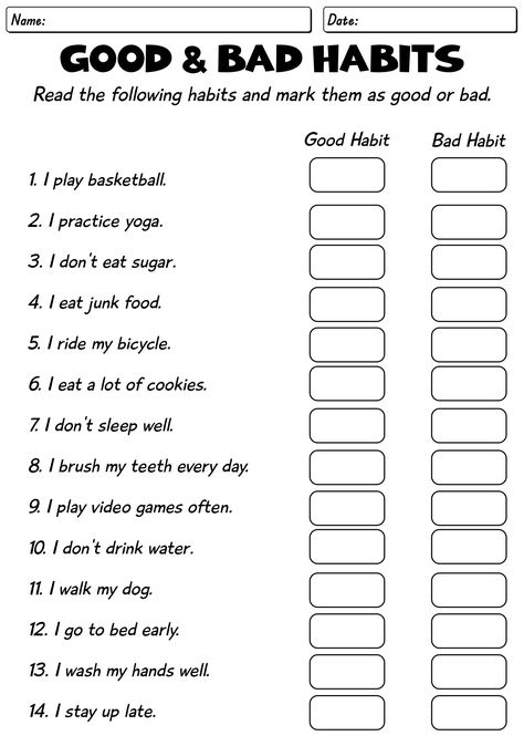 Good and Bad Health Habits Worksheet Habits Worksheet, Personal Hygiene Worksheets, First Grade Reading Comprehension, Positive Relationship, First Grade Phonics, Teaching Essentials, First Grade Worksheets, First Grade Writing, Proper Hygiene