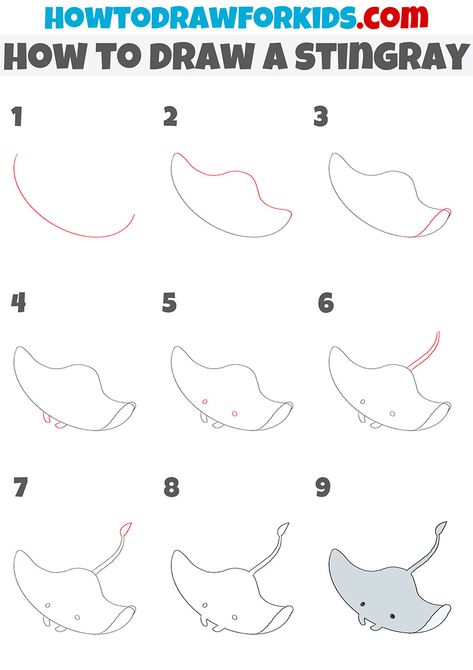 how to draw a stingray step by step Stingray Drawing Tutorial, Step By Step Sea Animal Drawings, How To Draw A Stingray Step By Step, Sting Ray Drawing Cute, How To Draw Marine Animals, How To Draw Sea Animals Step By Step, Stingray Painting Easy, How To Draw Starfish, How To Draw Sea Creatures Step By Step