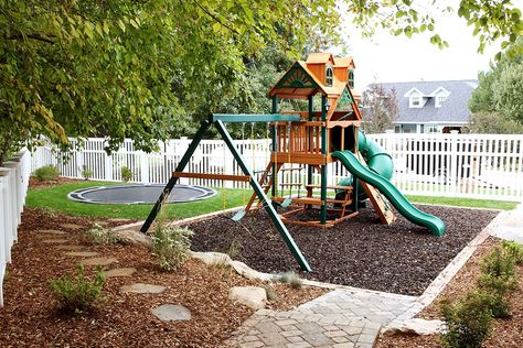 Our Backyard Playground Part II: The Reveal and Budget Breakdown! - Chris Loves Julia Playset Landscaping, Playground Landscaping, Backyard Playset, Play Area Backyard, Backyard Kids Play Area, Backyard Trampoline, Outdoor Play Area, Chris Loves Julia, Backyard Playground