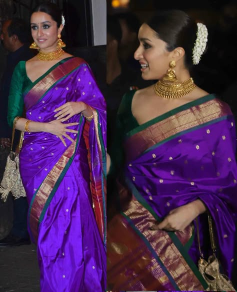 Sahoo actress Shraddha Kapoor in Traditional saree! | Fashionworldhub Saree Look Traditional Wedding, Engagement Couple Dress, Paithani Silk Saree, Sarees For Girls, Indian Fashion Trends, Celebrity Casual Outfits, Purple Saree, Traditional Indian Dress, Desi Fashion Casual