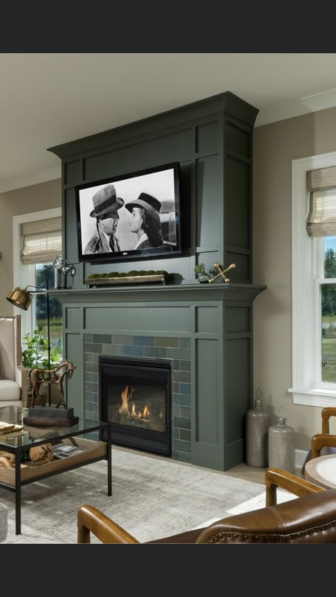 Contrasting Fireplace Wall, Green Painted Mantle, Double Mantel Fireplace, Master With Fireplace, Faux Fireplace Built Ins, Wood Covered Fireplace, Green Painted Fireplace, Green Fireplace Mantle, Fireplace Next To Window