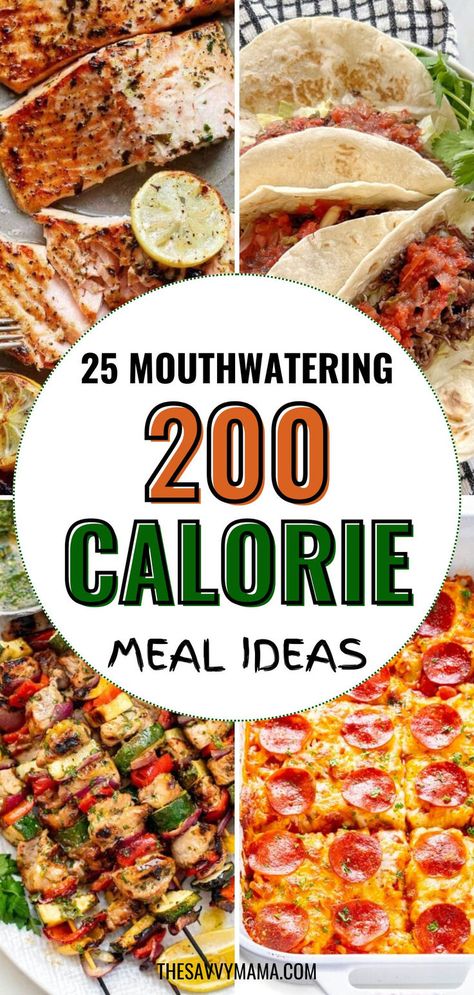 Collage of mouthwatering 200-calorie meal ideas, including tacos, grilled salmon with lemon, veggie skewers, and a pepperoni casserole. These meals are flavorful, easy to prepare, and ideal for low-calorie diets or weight loss plans. Calorie Deficit Meal Plan 500 Calories, Under 200 Calorie Lunch, What Does 1600 Calories Look Like, Meal Under 400 Calories Healthy, Lost Weight Dinner Ideas, Lunches Under 200 Calories Healthy, Low Calorie Satisfying Meals, Less Than 300 Calorie Meals, 400 Calories Meals