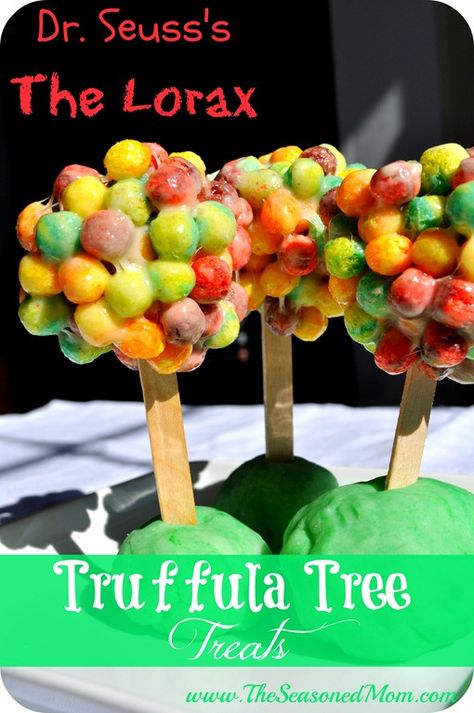 Dr. Seuss Lorax Truffula Tree Treats with TRIX!! from THE SEASONED MOM! Dr. Suess, Dr Seuss Snacks, Dr Seuss Lorax, Truffula Tree, Truffula Trees, Dr Seuss Activities, Dr Seuss Crafts, Dr Seuss Birthday Party, Seuss Classroom