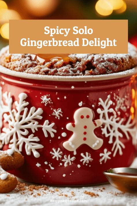 Red mug with white snowflake and gingerbread man designs filled with gingerbread mug cake for one and topped with powdered sugar. Gingerbread Mug Cake, Cake For One Recipe, School Cookies Recipe, Gingerbread Mug, Chocolate Chip Mug Cake, Cake Preparation, Chip Mug, Easy Gingerbread, Recipe For One