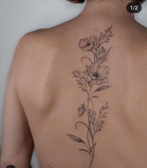 Women Half Sleeve Tattoo Ideas Unique, Long Stem Flowers Tattoo, Daisy Tattoo Spine, Poppy Flower Spine Tattoo, Delicate Spine Tattoo Flower, Poppy Back Tattoo, Spine Tattoos Wildflower, Spine Tattoos For Women Floral, Dainty Floral Spine Tattoos For Women