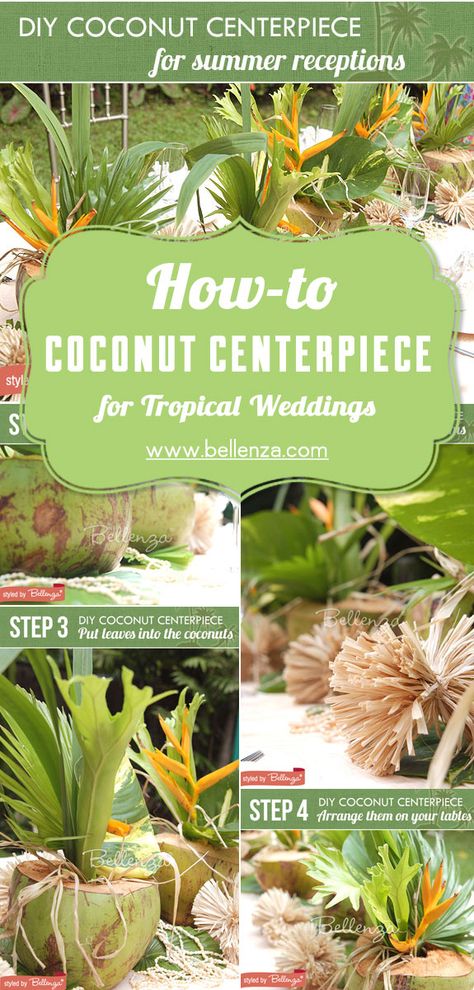 Simple Tropical Centerpieces Party, Tropical Wedding Table Centerpieces, Banana Leaf Table Decor, Diy Tropical Wedding Decor, Filipino Centerpiece Table Settings, Coconut Centerpiece Ideas, Tropical Party Decorations Ideas, Tropical Centerpieces Diy, Coconut Centerpiece