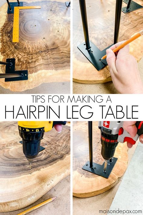 How to make a DIY hairpin leg coffee table: great tips to make it easy! #furniture #midcentury Hairpin Legs Diy, Hairpin Leg Coffee Table, Easy Diy Furniture, Diy Hairpin, Door Projects, Hairpin Table, Hairpin Leg Table, Handyman Projects, Pin Legs