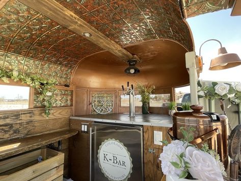 Interior of horse trailer bar. Copper tin roof and 3 tap kegerator. Travel Bar Interior, Horse Trailer Business, Trailer Bar Interior, Bar Trailer Interior, Horse Trailer Beverage Bar, Mobile Horse Trailer Bar Names, Horsebox Bar Interior, Converted Horse Trailer Bar, Cattle Trailer Bar