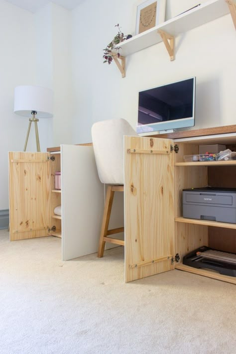 Ivar Office Ideas, Desk Cabinets, Diy Cabinet Desk, Ikea Ivar Home Office, Ikea Ivar Office, Ivar Office Hack, Ikea Ivar Desk Hack, Ivar Desk Hacks, Cabinet Desk