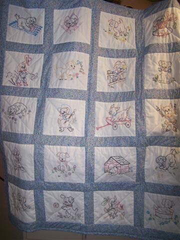 hand embroidered baby quilt Hand Embroidered Quilt, Painted Quilts, Cot Quilts, Cot Quilt, Dog Quilts, Machining Projects, Childrens Quilts, Embroidered Quilts, Quilt Projects