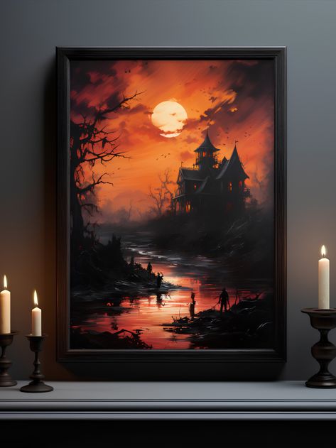 🖼️🌲 Immerse yourself in the mystical shadows of Halloween with our Haunted Riverside Halloween Painting - Gothic Art Print. 🌊 Discover the enigmatic allure of a haunted riverside through this exquisite artwork, capturing the ethereal ambiance of gothic decor and the essence of the dark woods. Download now to add a touch of eerie elegance and the haunting atmosphere of a mysterious waterside to your decor. #HauntedRiversideHalloweenArt #GothicArt #MysticalShadows Dark Art Acrylic Painting, Acrylic Halloween Paintings, Gothic Painting Ideas, Dark Acrylic Painting, Goth House, Painting Dark, Dark Woods, Gothic Wall Art, River Painting